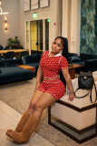 Polka Dots Short Sleeve Hooded Two Piece Shorts Set QXLB-D10125