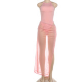 Sleeveless Solid Color Bodysuit See Through Long Skirts Suit DLSF-K6S01114A
