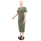 Short Sleeve Solid Color Midi Dress GYLY-11111