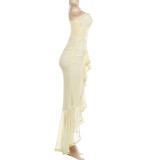 Off Shoudler Ruched Ruffles Split Maxi Dress DLSF-K6D00997A