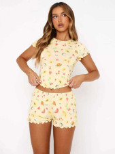 Fashion Print Short Sleeve Two Piece Shorts Set MIL-L366