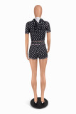 Polka Dots Short Sleeve Hooded Two Piece Shorts Set QXLB-D10125