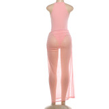 Sleeveless Solid Color Bodysuit See Through Long Skirts Suit DLSF-K6S01114A