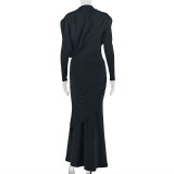 Long Sleeve Solid Color Ruched Maxi Dress GJYO-305058