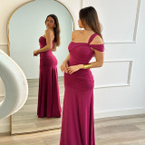 Slash Shoulder Ruched Split Maxi Dress GWSD-D1995154