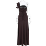 Slash Shoulder Ruched Split Maxi Dress GWSD-D1995154
