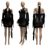 Mesh Halterneck Backless Ruched Mini Dress CM-60305