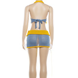 Knits Color Block Halterneck Backless Two Piece Skirts Set GZJQ-W6S02656A