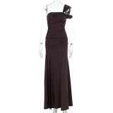 Slash Shoulder Ruched Split Maxi Dress GWSD-D1995154