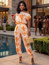 Slash Shoulder Sleeveless Print Two Piece Pants Set YD-8849