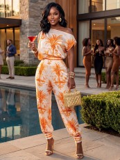 Slash Shoulder Sleeveless Print Two Piece Pants Set YD-8849