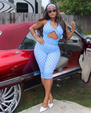 Polka Dots Print Halterneck Backless Romper(With Headscarf) CM-60322