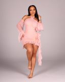 Mesh Halterneck Backless Ruched Mini Dress CM-60305