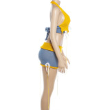 Knits Color Block Halterneck Backless Two Piece Skirts Set GZJQ-W6S02656A