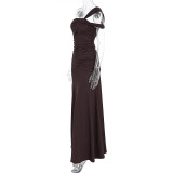 Slash Shoulder Ruched Split Maxi Dress GWSD-D1995154