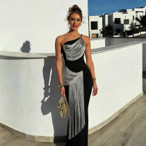 Slash Neck Tassel Patchwork Tight Maxi Dress GZJQ-K25D91010