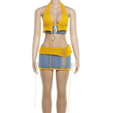 Knits Color Block Halterneck Backless Two Piece Skirts Set GZJQ-W6S02656A