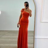 Slash Shoulder Ruched Split Maxi Dress GWSD-D1995154