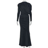 Long Sleeve Solid Color Ruched Maxi Dress GJYO-305058