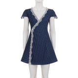 Lace Patchwork Polka Dots Print Mini Dress GPKJ-MR46222