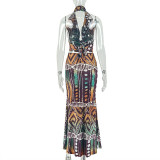 Color Block Sleeveless Backless Two Piece Skirts Set GJYO-711878