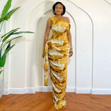 Sleeveless Ruched Slash Neck Print Maxi Dress GJYO-305013