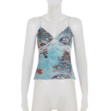 V Neck Lace Patchwork Print Sling Tops GPKJ-MR47328