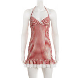 Lace Patchwork Plaid Print Sling Mini Dress GPKJ-MR47170