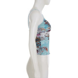 V Neck Lace Patchwork Print Sling Tops GPKJ-MR47328