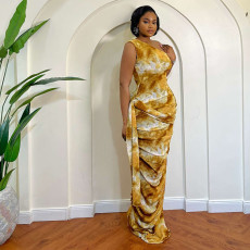 Sleeveless Ruched Slash Neck Print Maxi Dress GJYO-305013
