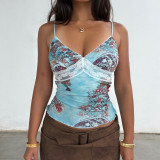 V Neck Lace Patchwork Print Sling Tops GPKJ-MR47328