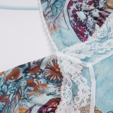 V Neck Lace Patchwork Print Sling Tops GPKJ-MR47328