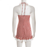 Lace Patchwork Plaid Print Sling Mini Dress GPKJ-MR47170