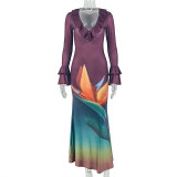 V Neck Long Sleeve Color Block Maxi Dress GJYO-303969