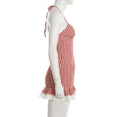 Lace Patchwork Plaid Print Sling Mini Dress GPKJ-MR47170