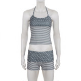 Polka Dolts Print Stripe Contrast Color Short Suit GPKJ-MR45813
