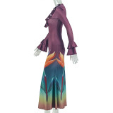 V Neck Long Sleeve Color Block Maxi Dress GJYO-303969