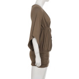 V Neck Tie Up Ruched Mini Dress GPKJ-MR48178
