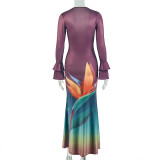 V Neck Long Sleeve Color Block Maxi Dress GJYO-303969