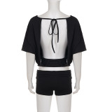 Bat Sleeve Backless Top Two Piece Shorts Set GPKJ-MR46611