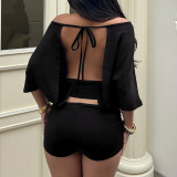 Bat Sleeve Backless Top Two Piece Shorts Set GPKJ-MR46611