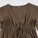 V Neck Tie Up Ruched Mini Dress GPKJ-MR48178