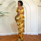 Sleeveless Ruched Slash Neck Print Maxi Dress GJYO-305013