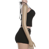 Solid Color Halterneck Top Two Piece Shorts Set XEF-K6S00739A