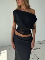 Lace Patchwork Slash Shoulder Tops YWXS-K26L2058