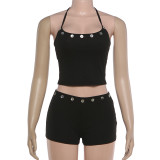 Solid Color Halterneck Top Two Piece Shorts Set XEF-K6S00739A