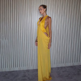 Deep V Neck Ruched Backless Maxi Dress XEF-K6D00781A
