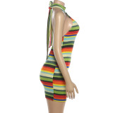 Backless Halterneck Contrast Color Mini Dress XEF-K6D02645A
