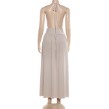 Deep V Neck Split Halterneck Maxi Dress XEF-K25D88241