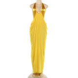 Deep V Neck Ruched Backless Maxi Dress XEF-K6D00781A